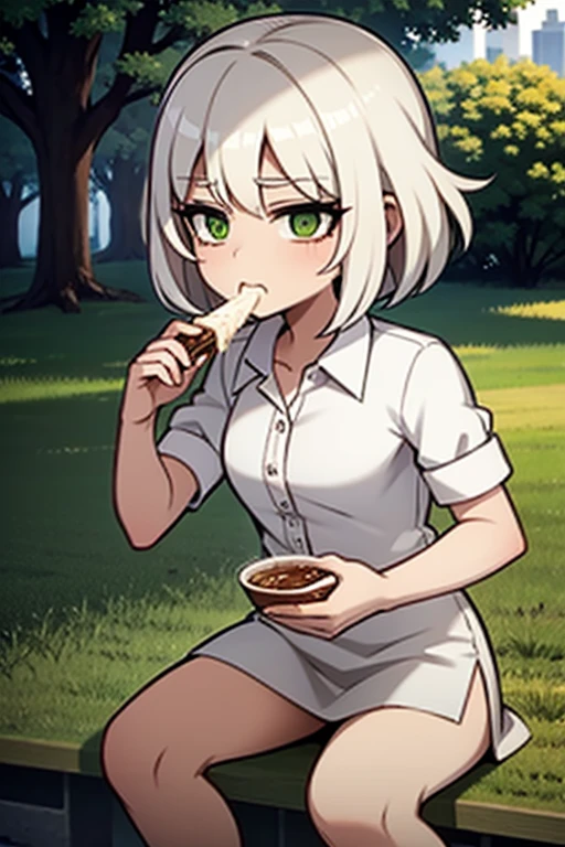 A white haired girl with green eyes is eating ice cream in the park