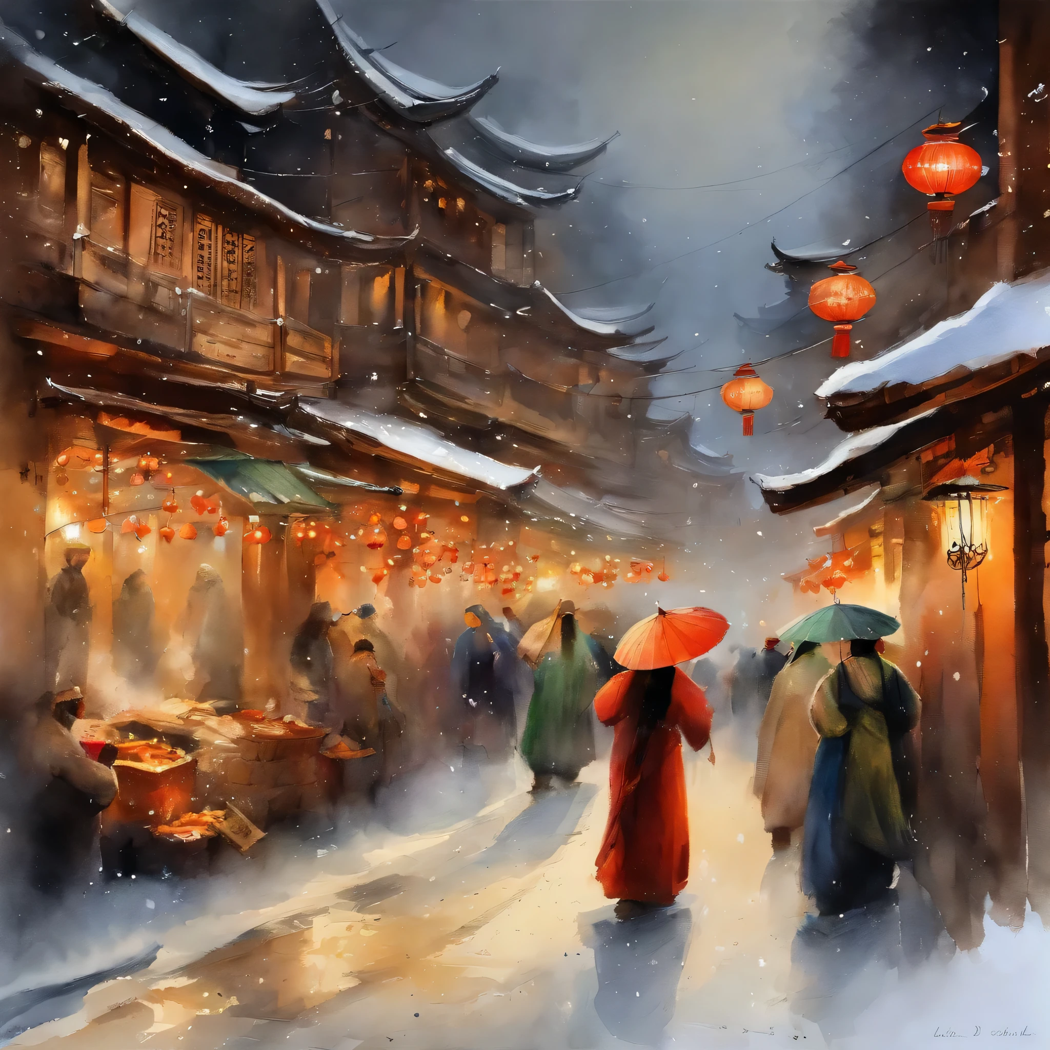 Draw a beautiful picture of a street in the snow and many women,China, City,night,Lantern Festival,ancient street, fireworks, many young ladies, wives, on the street, ancient costumes, Hanfu,only female