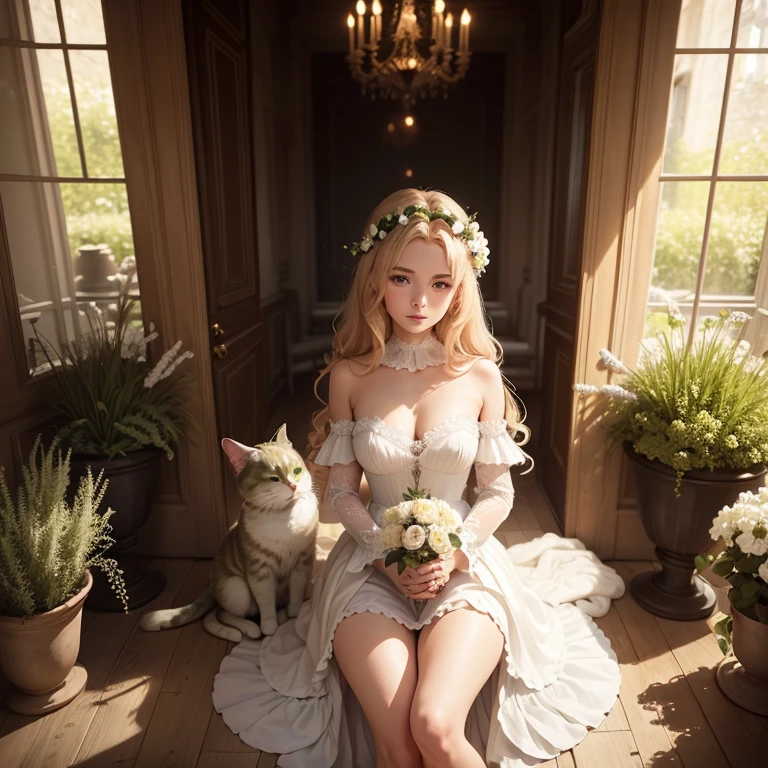Une Femme féerique au yeux vert et au oreille de chat, longue robe fleurie, cheveux lisse châtain aux reflets blonds avec un petit chat (animal) dans les bras au pelage caramel, couronnes de fleur, décors verdoyant et magique , image en mode portrait, à l’extérieur , décor très florale
