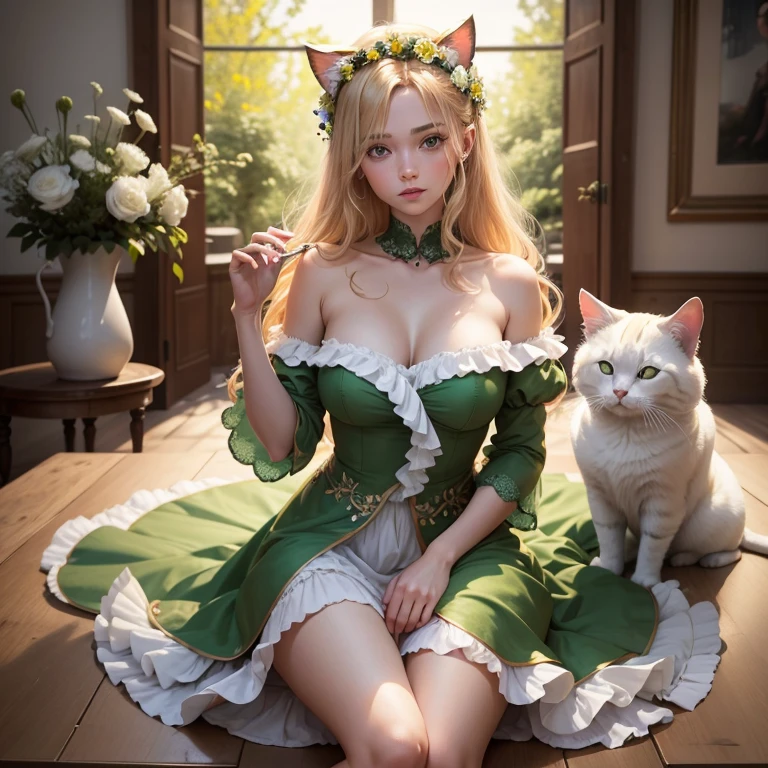 Une Femme féerique au yeux vert et au oreille de chat, longue robe fleurie, cheveux lisse châtain aux reflets blonds avec un petit chat (animal) dans les bras au pelage caramel, couronnes de fleur, décors verdoyant et magique , image en mode portrait, à l’extérieur , décor très florale