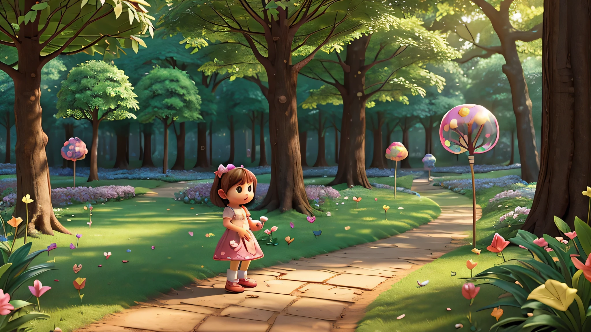Create an enchanting forest landscape where the trees transform into lollipops and the ground turns into a path of chocolate pebbles. Capture the moment as Lily takes her first steps into this magical realm, with candy butterflies fluttering around her.