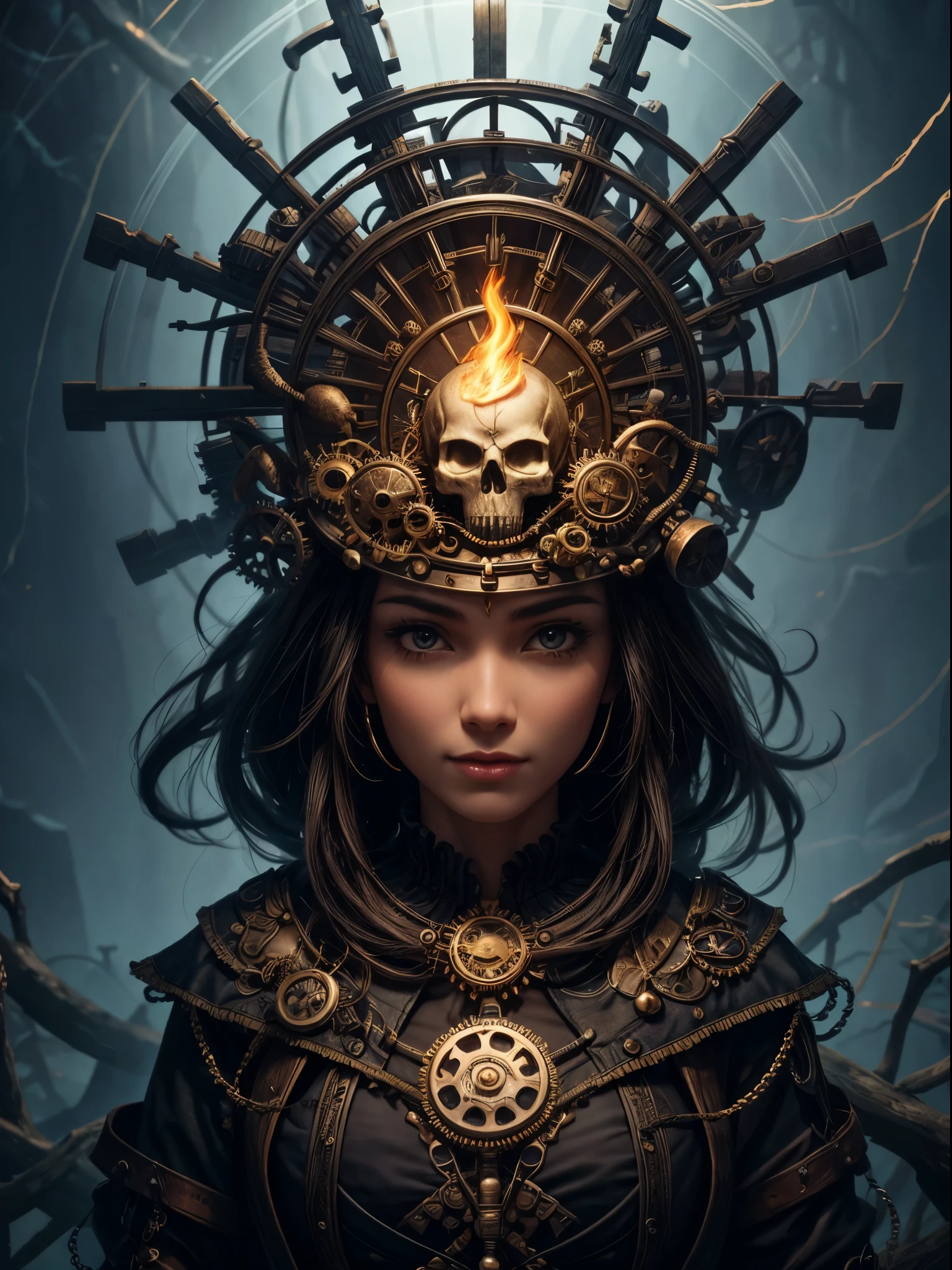 (Best picture quality, 4K, 8K, High resolution, Masterpiece: 1.2), ultra detailed, realistic: 1.37, a close up of the head of the metal skull, an altar composed of abstract twisted roots pulls a very large (mysterious skull made of metal), above the skull a weird waterfall, (rainbow, rainbow around the skull), full of energy, circular composition illustrates the effects of various structural forces, alone, (steampunk decorative elements, gear, needle, etc.) Chainantastic decorative combinations,