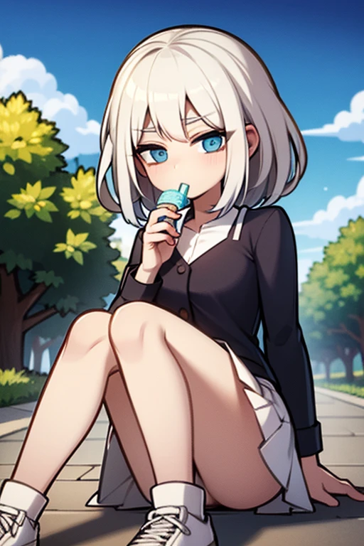 A white haired girl with blue eyes is eating ice cream in the park
