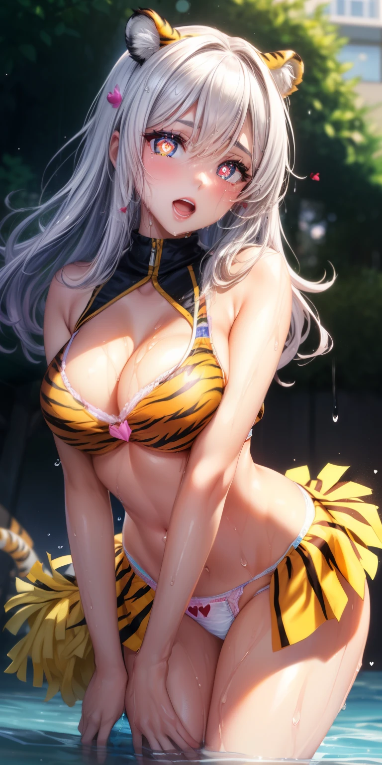 ram invader, detailed breasts, anime dick, (tiger print cheerleader: 1.2), （white panties:1.4）,muste piece, best quality, open mouth, tooth, ultra-detailed breasts, Yellow eyes, cute eyes, detailed face, a cute girl, big chest, red face, (wet with water: 1.2), Generally poor breasts, areola slip, (Position where panties are visible:1.5), (beautiful breasts: 1.2), (with a bright light source: 1.2), (heart shaped pupils opening their clothes: 1.5)