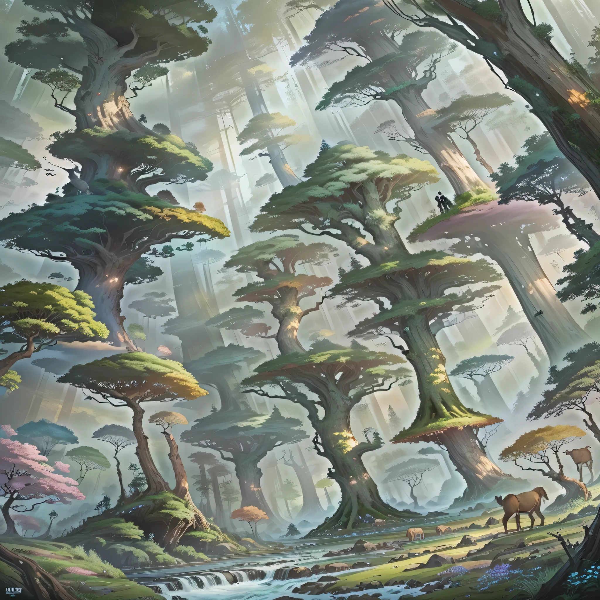 Illustration of forest with stream and trees, anime nature, peaceful dense forest, forest environment, magical environment, anime scenery, forest scenery, fantasy forest, magical fantasy forest, forest glade landscape, Detailed forest, fantasy forest environment, a fantasy forest, forest landscape, Relaxation concept art, enchanted forest, fantasy forest landscape, anime background art, Animation pastoral scenery