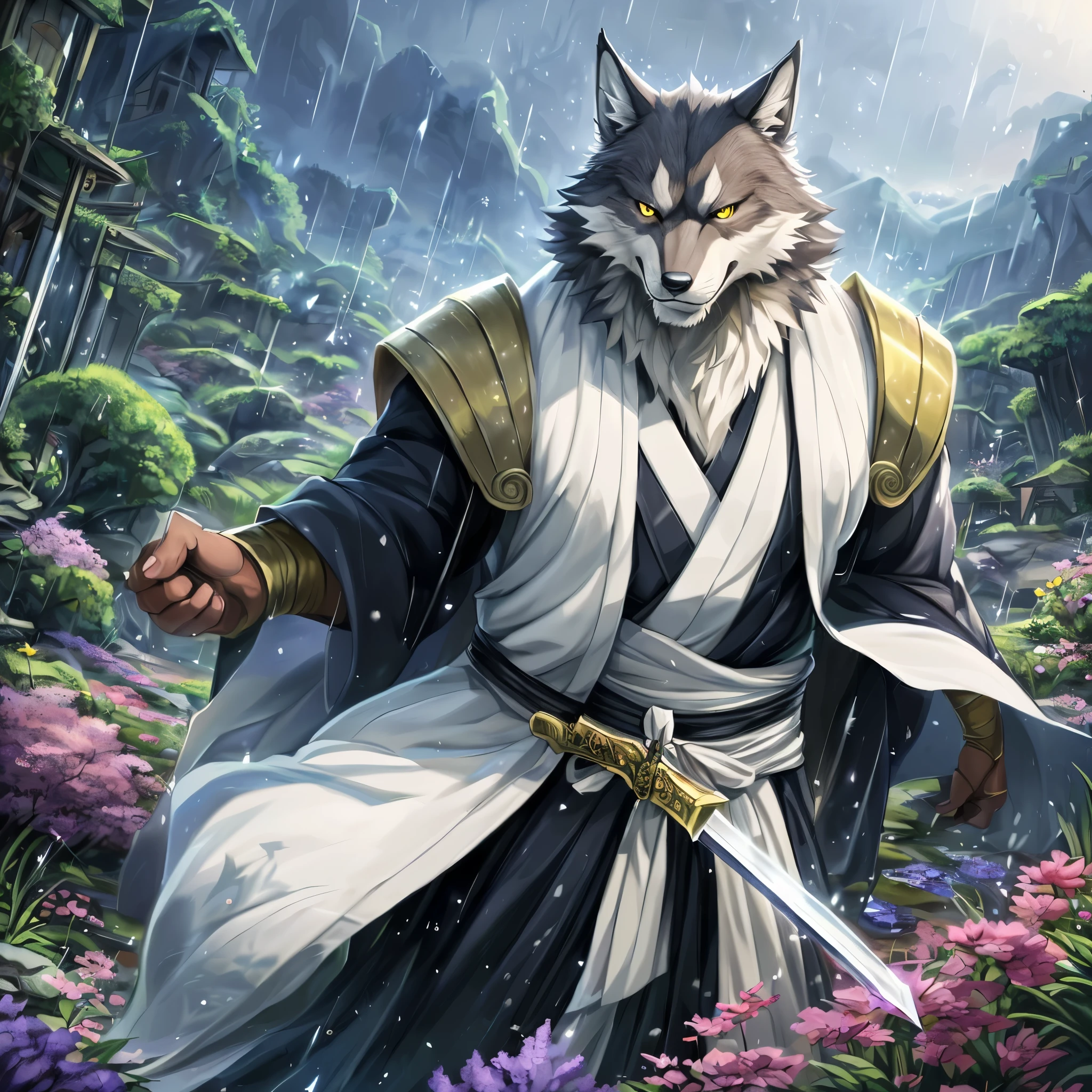 male, hairy, big wolf, Handsome, majestic wolf, Komamura Zuoren, bleach, very muscular, yellow eyes, (Detailed wolf eyes:1.2) thick eyebrows, confident,, Humanity, high resolution, (Detailed and realistic images:1.3), (delicate eyes, Beautiful and expressive eyes:1), impressionist mixture, Crazy details, soft, (Super realistic fur:1.2), (fine fur:1.upir covered body:1.2), (male:1), (expressive face, Detailed face:1) ((( View ))), (((full body view))) cream fur, White beard, overweight male, white belly, big male, mature male, ( PatternShortystikfox61, by dark gems, author：flash trap boy, by bebebebebe, by empty ghost, by Mohr Sandi, by Seibel, ), low light: 1.2) masterpiece, best quality, Surreal ( 8K, ultra high definition, Gorgeous light and shadow, Detailed facial depiction, best quality, masterpiece, Ultra high detail, official art, Super detailed, deep shadow, Dynamic shadows, high dynamic range, Deep in the fields, utra fine fur, maximum focus, depth of field, perfect lighting, The highest quality of light particles, Super detailed的身体, cinematic, sharp focus, correct anatomy, right hand, right hand, correct head, Detailed background, (Rain Garden Sarkin Training, Dynamic pose, sword training in rain, Dynamic, training posture, ( rain garden with flowers, Japanese anime rural scenery, Drawing in animation artist studio, beautiful anime scene, anime background art, beautiful anime scenery, Anime beautiful peaceful scene, By Anime Painter Studio, 日本anime scenery, japanese anime nature, floral environment, landscape art detailed, Digital painting  very detailed, landscape artwork, anime scenery, Highly detailed digital painting, sword training, Dynamic training posture, Yuntian, rainy day,  )