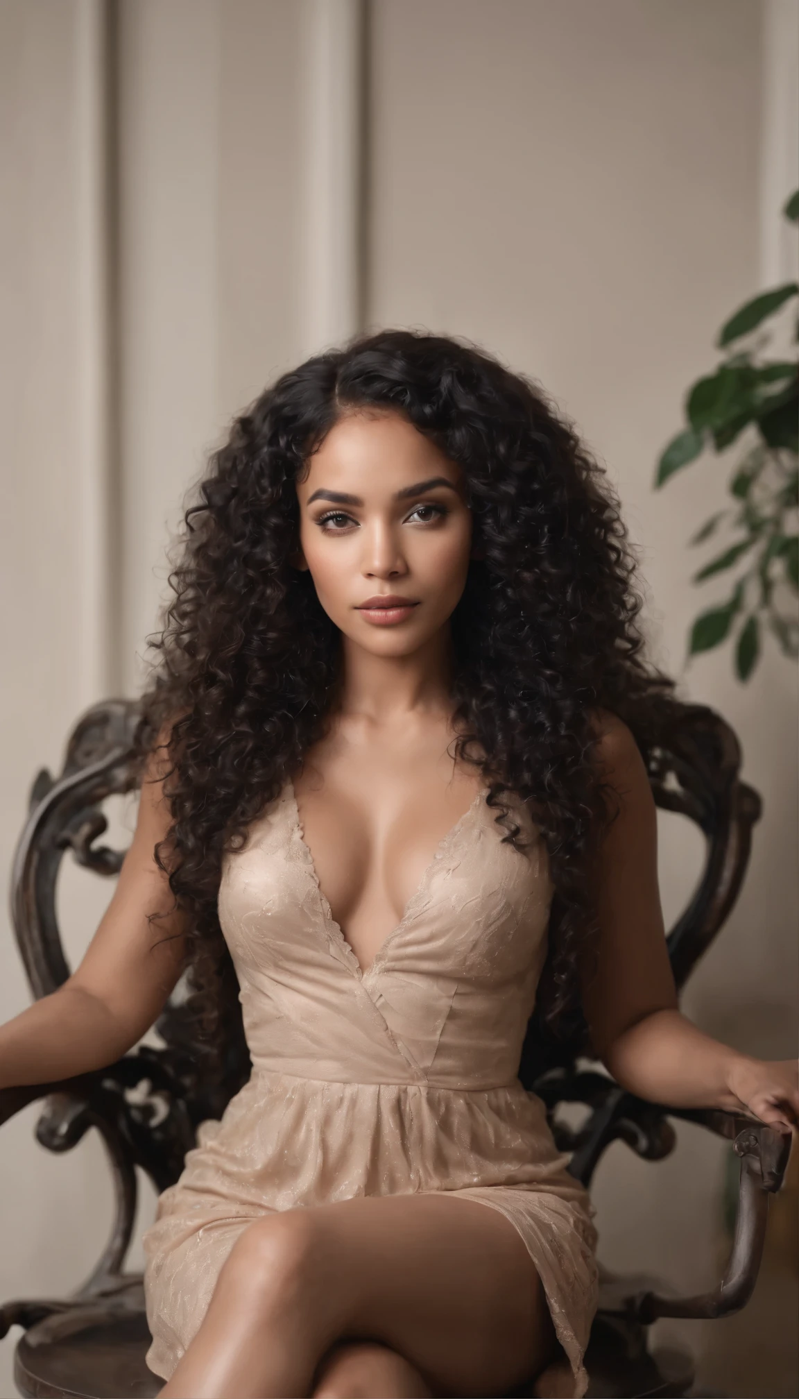 A beautiful and amazing black Brazilian woman,portrait of full body, sitting on chair,Free curls, Black curly hair, (dark shorter curly hair), black long curly hair, multiversal hair, Brazilian, Short black curly hair, Curly black hair, Curls, Baroque curls, curlies, curly, Fair curly hair, Hair texture, round face shape, rounded cheeks