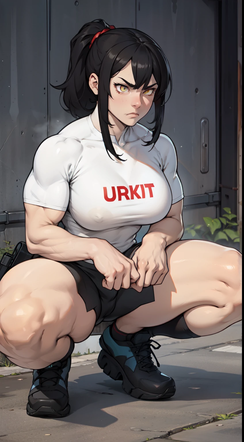 sad frown muscular girl muscular girl black hair yellow eyes pale skin breasts full body squatting