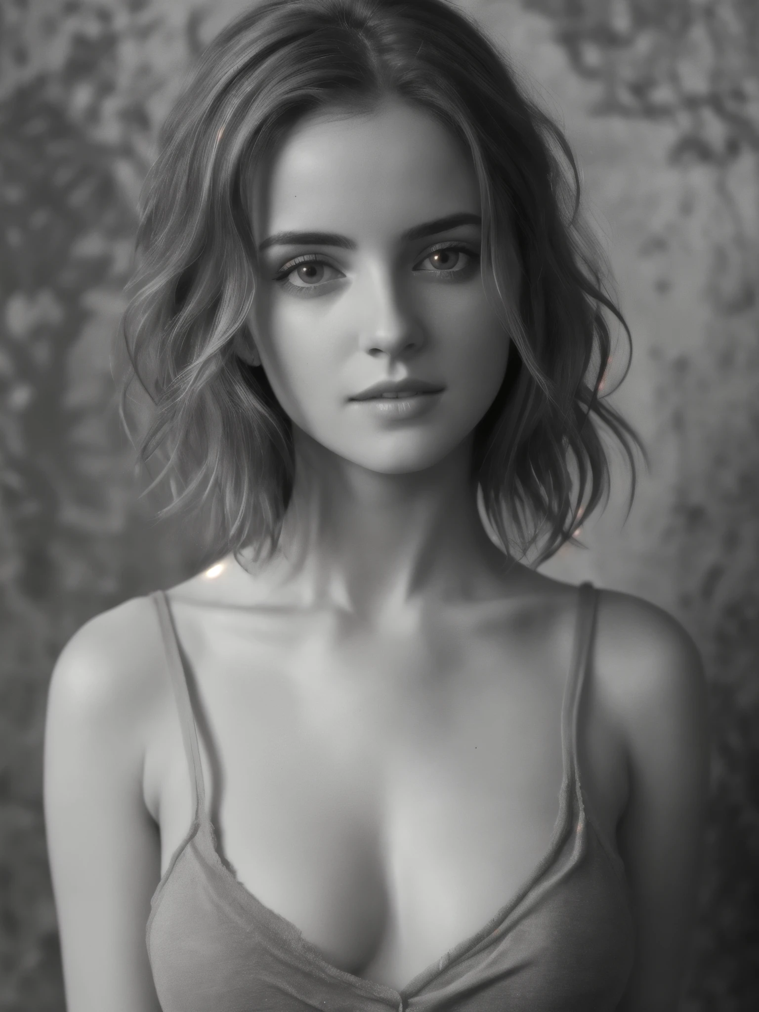 Photorealistic, masterpiece grayscale  photo, woman with messy hair and poor tattered clothes, cute sexy, nude, (detailed medieval background), ultra sharp focus, detailed face, (((posing))),  random hair color, short hair, beautiful eyes, with face of Ana de Armas, full body, high quality black and white image