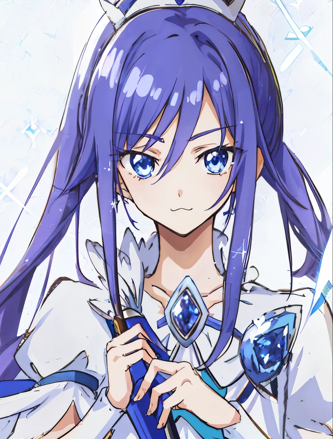 An anime character with blue hair and a white and blue dress is holding a sword, sparkling magical boy,white high heels, Inspired, magic aura, Cute type:2, celestial aura, he has dark blue hair!!!, portrait of magical boy, sapphire prince, Blue-eyed boy, magical aura, Magical Boy Style, boy with very long purple hair, Cool system:3, wall paper, anime boy,