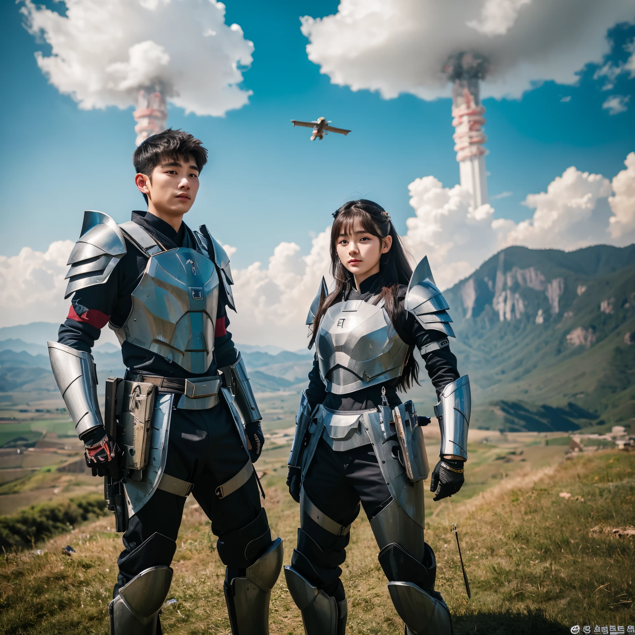 The Korean beautiful boy & girl .They are 20 years old. Wearing the battle armor of a god.they are fly his behind the Gods of Devil they fight him.In the background is the country of the Heaven God's land .In his hand he holds the thunderbolt held by the gods. 8k high quality reality picture .4th picture