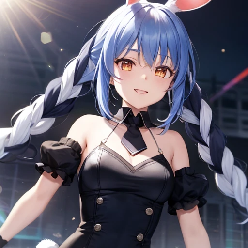  Bunny girl, blue hair, twin braids, girl, alone, {{masterpiece}}, highest quality, Highly detailed CG Unity 8k wallpaper, cinematic lighting, Lens flare, beautiful detail eyes, side line, colorful light, particle, (colorful:1.5), (colorful hair:1.5),smile