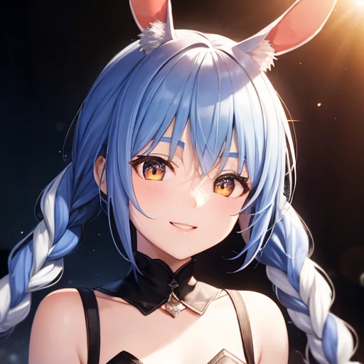  Bunny girl, blue hair, twin braids, girl, alone, {{masterpiece}}, highest quality, Highly detailed CG Unity 8k wallpaper, cinematic lighting, Lens flare, beautiful detail eyes, side line, colorful light, particle, (colorful:1.5), (colorful hair:1.5),smile