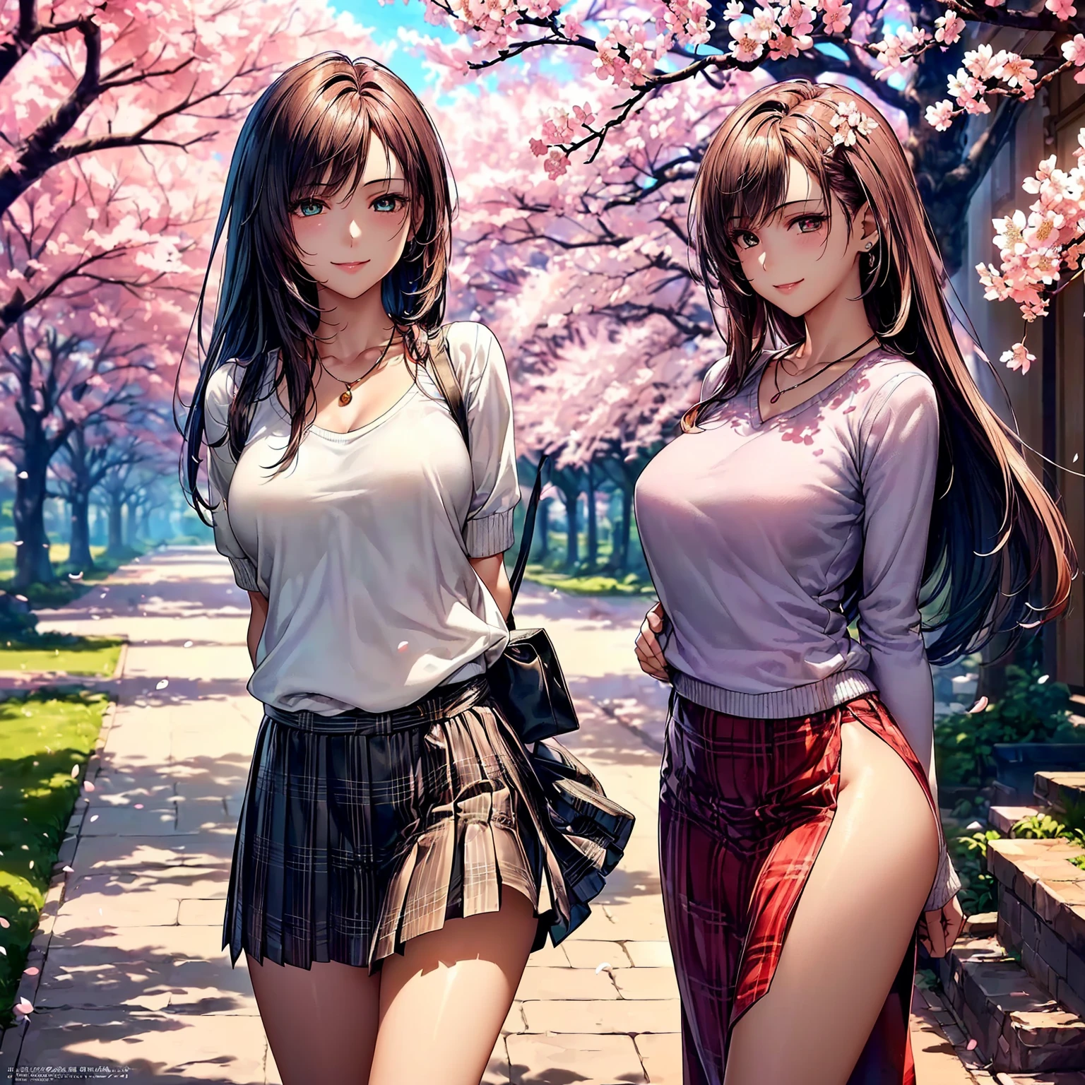 (top-quality、masterpiece、very high res、An ultra-high picture quality、High quality pixels)、(She is a woman of perfect and ultimate beauty, and she is 18 years old,1 person,Single,独奏:1.5)、(She is a very beautiful woman with a beautiful face)、(Beautiful face written in detail,Beautiful body,Beautiful hair,Beautiful skin texture)、(Beautiful hair quality,Variety of hairstyles)、(She has a slender figure and her breasts are F cups:1.5)、(Beautiful smile,Smile, Open mouth,),(Sweaters,Plaid pleated skirt,1 diamond necklace,1 handbag,Clothes with exposed shoulders,There is a valley),(A path lined with flourishing cherry blossom trees,Cherry blossoms in full bloom),(Model Pose,modelshoot,Magazine shooting),The wind is blowing、Beautiful Art Style, an animated character、(The whole picture、Detailed picture、accurate anatomy、Defect-free images、extremely detailed picture、Accurate images、Perfect Image 1.5)、(Best Shot Photo 1.2)