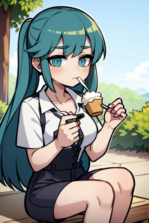 A teal haired girl with teal eyes is eating ice cream in the park
