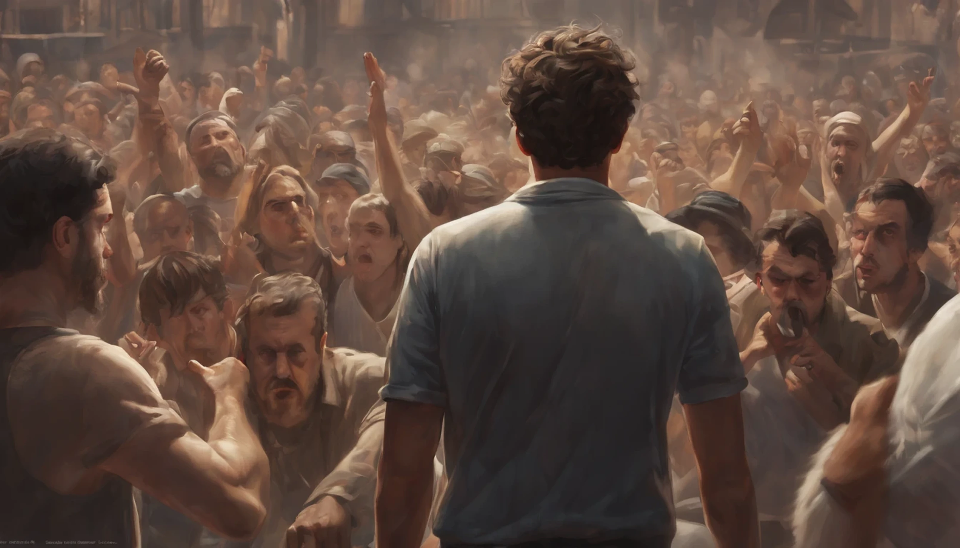 Describe the shocking scene of a man visibly concerned about the opinions of others, surrounded by a crowd of people pointing fingers at him, rindo de maneira cruel. Explore o protagonista&#39;Conflicting emotions and thoughts as he faces public judgment, highlighting the tension between the search for acceptance and the cruelty of social rejection. ArtStation HD, alto detalhe, fotorrealismo, arte conceitual, ArtStation HD, ARTE OFICIAL, trend at artstation, 8k.