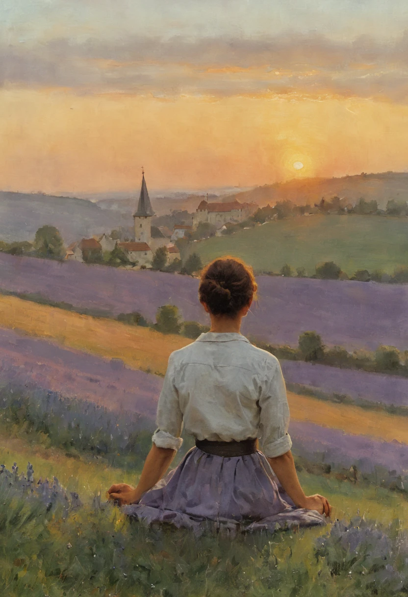 Sonnen Untergang, Woman sits on a hill, With your back to the viewer ,Nackt , beautiful, Blickt in die Ferne, Heimat,Provinz,Frankreich,Atemberaubend,Lavendel Felder , Bauernhof, 