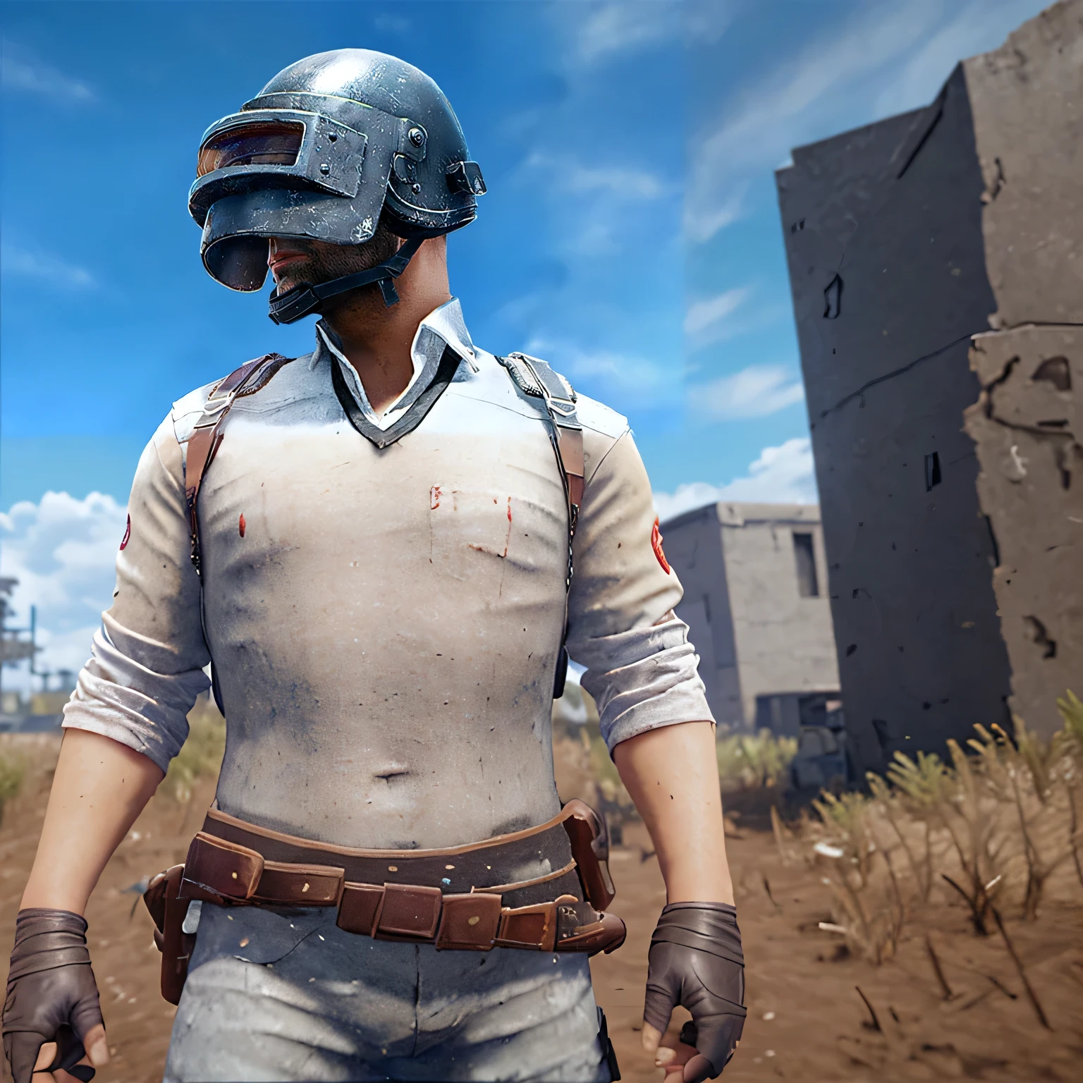 arafed man wearing a helmet and a white shirt, in pubg, portrait mode photo, (rust), game icon, fps game, highly detailed epic, ultra-realistic graphics, epic game portrait, rust, focus mode, battleground background, portrait mode, easy, gaming, future miramar, realistic sharp details, ultra - realistic and detailed