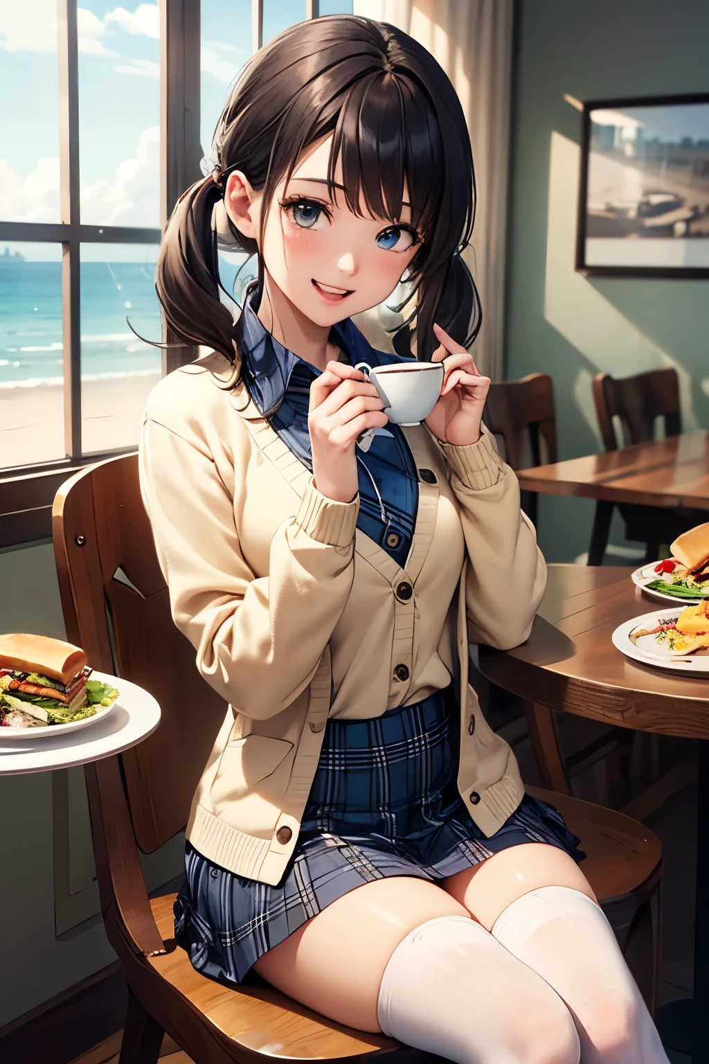 very cute and beautiful girl sitting on chair of cafe,(highly detailed beautiful face and eyes:1.2),
(white blouse),laugh,cowboy shot,(beige cardigan:1.2) BREAK zettai ryouiki,dynamic angle,
low twintails,black hair,(blue plaid mini skirt:1.2),(cups of tea),(sandwiches on plate),(salad in bowl),window,ocean view,
(best quality,masterpiece:1.2),(intricate details:1.2),ultra-detailed,highres,
solo,cinematic scene,