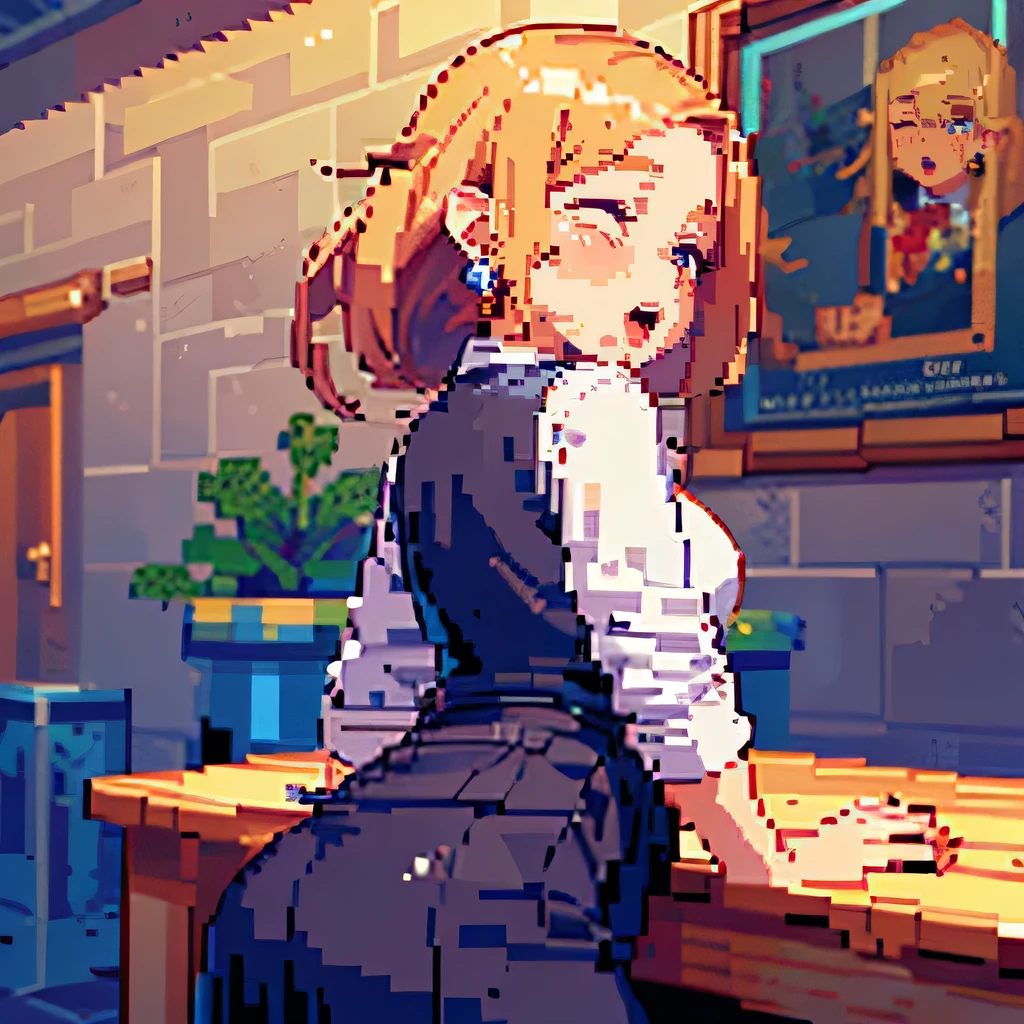 (((pixel art, stylized game character, fewer wrinkles, simplified contours))), (a woman masturbating on the vertical edge of the table), slut, (blush), open mouth, ((drooping eyes, blush)), ((sleepy)), (angle from right back below), clerk uniform, skirt, panties, tiny earrings, 