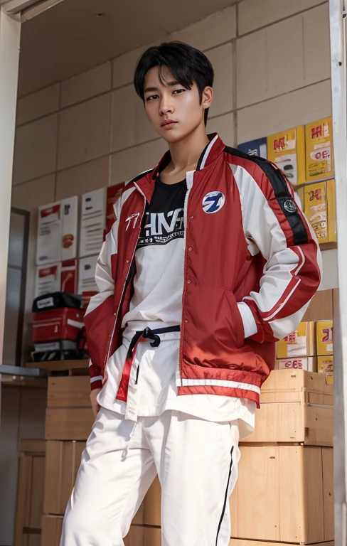 1boy, seong taehoon,short hair, black hair, handsome, black eyes, wearing taekwondo clothes, wearing a red jacket, realistis, 70mm