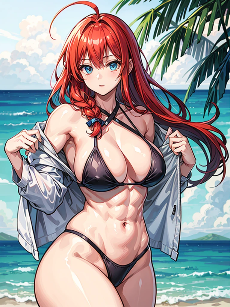 （（（masterpiece、Highest image quality、highest quality、highly detailed unity 8ｋwallpaper）））、（（Illustration of one girl））、（（（beautiful girl）））、（（red hair、Braid、sidelocks：1.2、blue eyes））、（（（stocky build：1.3, thickset physique, muscular legs, broad shoulders, solid chest）））、swimsuit、sandy beach