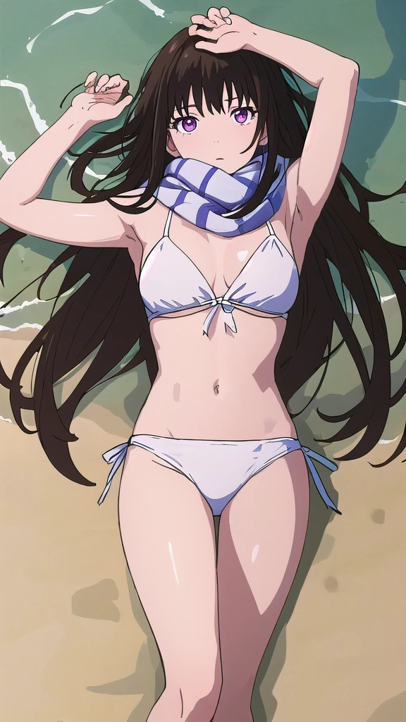 masterpiece, best quality, 1 solo girl, black hair, purple eyes, long hair, medium breasts, mature body and face, wavy hair, white bikini, scarf, beach, white sand, beach ball, summer, leg up, cowboy shots, detailed body, face, and eyes, sharp focus, vibrant, creative, dynamic, high definition, high resolution, 8k, (Upscale: R-ESRGAN 4x+ Anime6mage enchance:4x), voluptuous body, lying at the sand