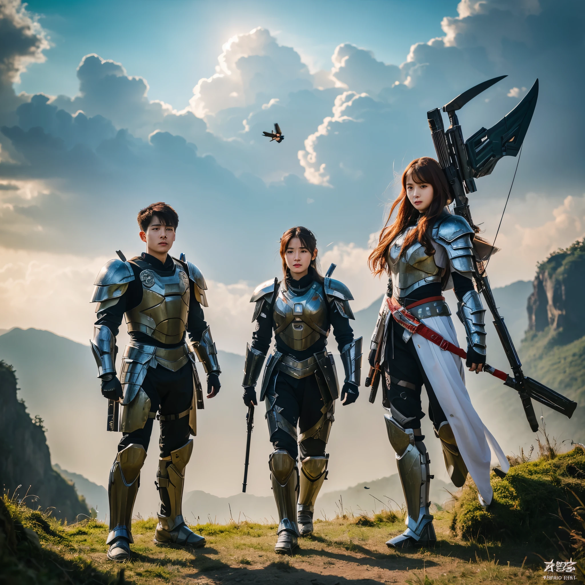 The Korean beautiful boy & girl .They are 20 years old. Wearing the battle armor of a god.they are fly his behind the Gods of Devil they fight him.In the background is the country of the Heaven God's land .In his hand he holds the thunderbolt held by the gods. 8k high quality reality picture .4th picture