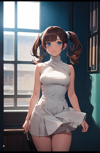 android, mechanical robot, very short pigtails,brown hair, Hair tie with two big red clothespins, joint seam, blue eyes, full body figure, Height: 160cm, Light beige micro mini dress, fluttering skirt, skirt turned up folds, white retro swimwear, Uplifting, flushed cheeks, 2020s anime picture,ball joint, missionary angle, 歓喜, 満面の笑み, 25歳, NSFWなし