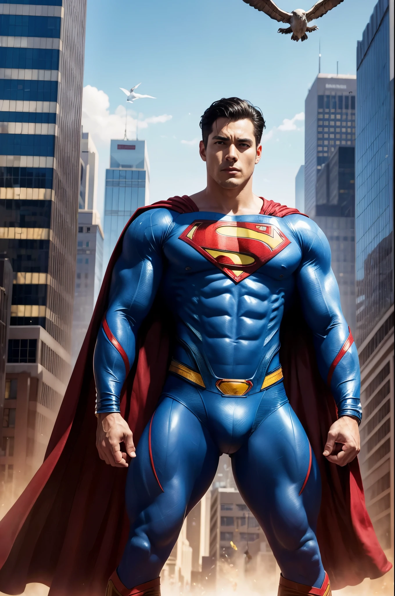 (highres,realistic) a man in a superman costume flying through the air, airbrush painting by Randy Vargas, cgsociet, artgerm, ross tran, and artgerm, masayoshi suto, and artgerm, with ultra-detailed metallic textures and vibrant colors. The man is shown in mid-air, soaring above the cityscape, with his cape billowing in the wind. His muscles are defined, and the intricate details of his costume, including the S emblem on his chest and the textured fabric, are clearly visible. The background features a dynamic city skyline, with skyscrapers reaching towards the sky and birds flying in the distance. The lighting is dramatic, casting long shadows and illuminating the scene with a sense of energy and power. The overall artwork has a photorealistic style, capturing the essence of the superhero and bringing him to life in a dynamic and visually stunning manner.