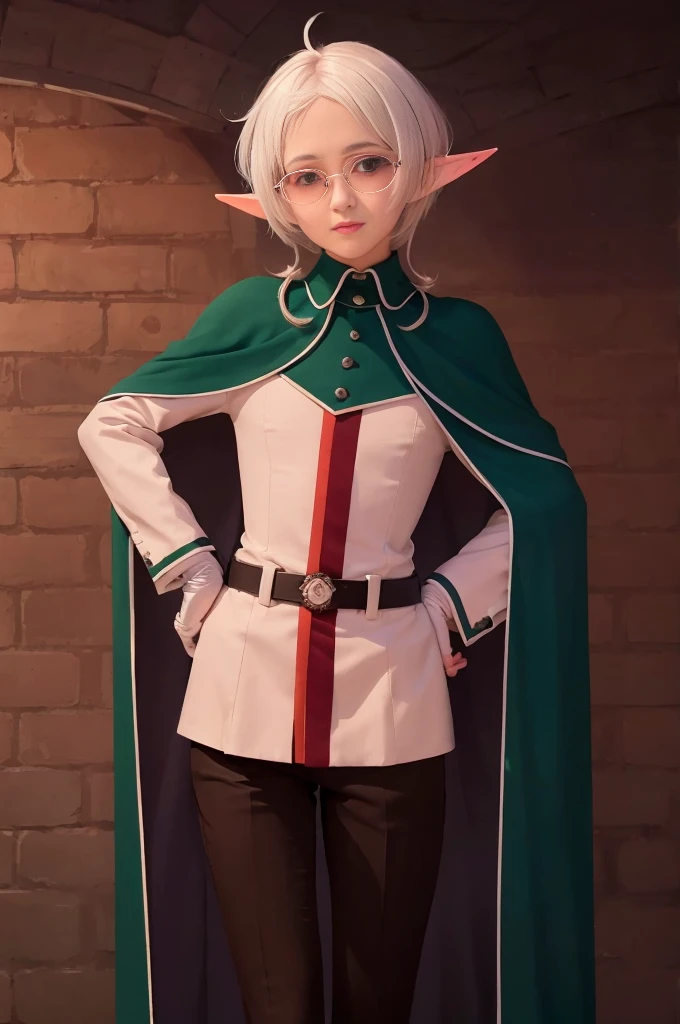 masterpiece, best quality,  sylm, pointy ears, solo,short hair, white gloves, white background, elf,  background, ahoge, pants, black pants, looking at viewer, long sleeves, shirt, tinted eyewear, androgynous, , hand up, short hair, white hair, grey hair, smile, 1boy, standing,cape,male focus, bangs, white shirt, feet out of frame, index finger raised, coat, blue-tinted eyewear, parted bangs