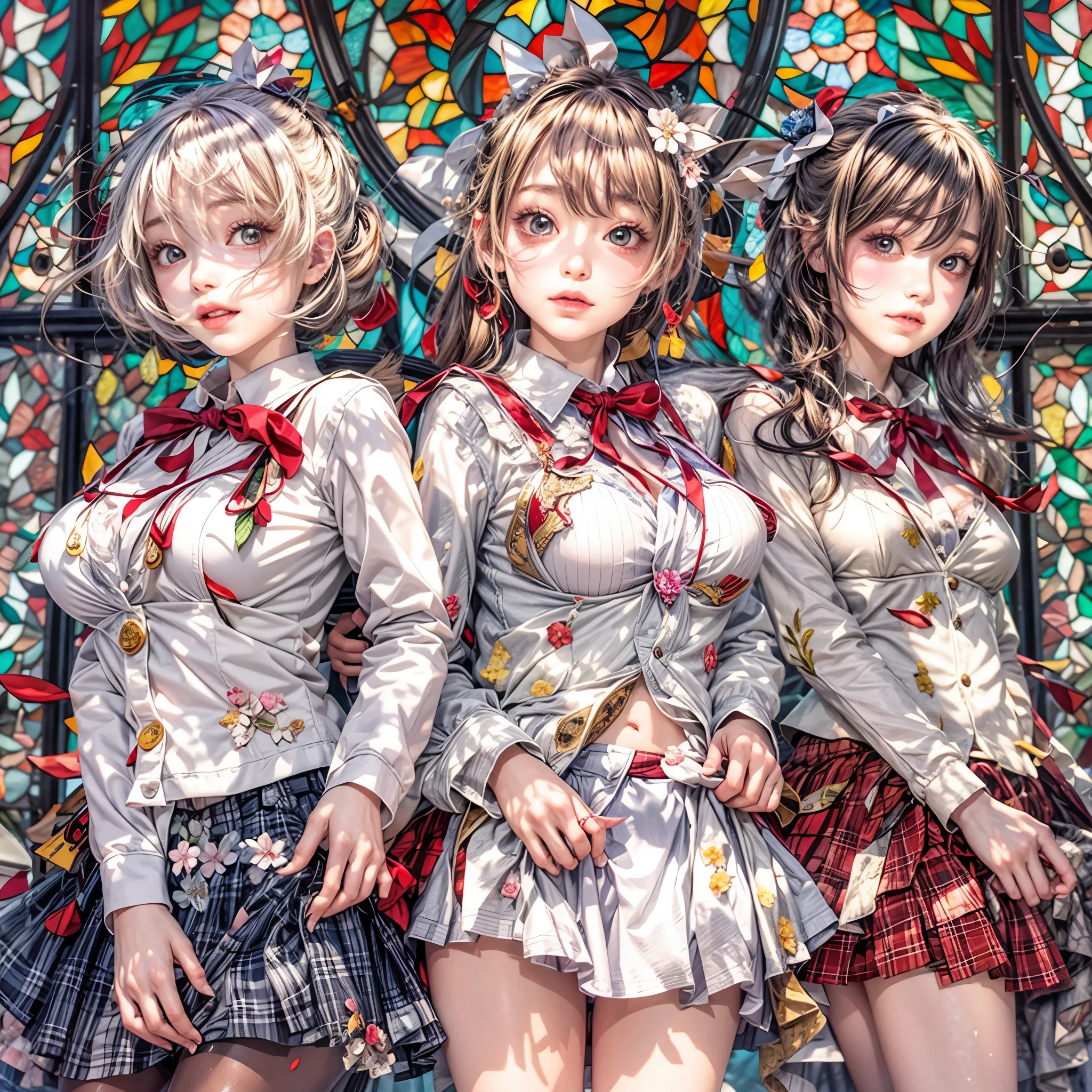 (sfw, White and Red, Acutance:0.8), Masterpiece, (realistic and ((photorealistic:1.37)) with touch of rawness). A group of KAWAII girls in opened school uniform without bra . (extremely detailed KAWAII face variations, joyful expression variations), { Navel | pretty Ass | Overflowing underboob | (White panties) with blood only in crotch area | (full of Flowers covering girl's body) | (Dazzling colorful stained glass with delicate details:1.2) } . (Exposed:1.2), ((nipple:-0.9)), (not Detailed fingers:-0.9) .