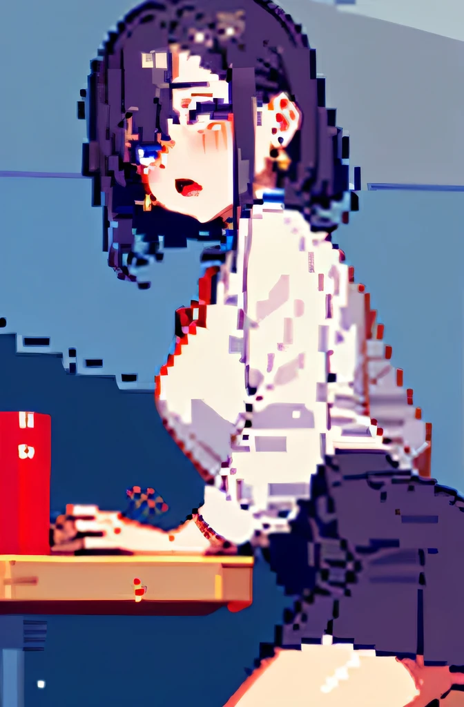 (((pixel art, chibi-style, stylized game character, fewer wrinkles, simplified contours))), (a woman straddling to hit her crotch against the bollard for masturbation), slut, (blush), open mouth, ((drooping eyes, blush)),  (angle from below), (clerk uniform), skirt, panties, tiny earrings, lean on the table, open legs, raise leg,