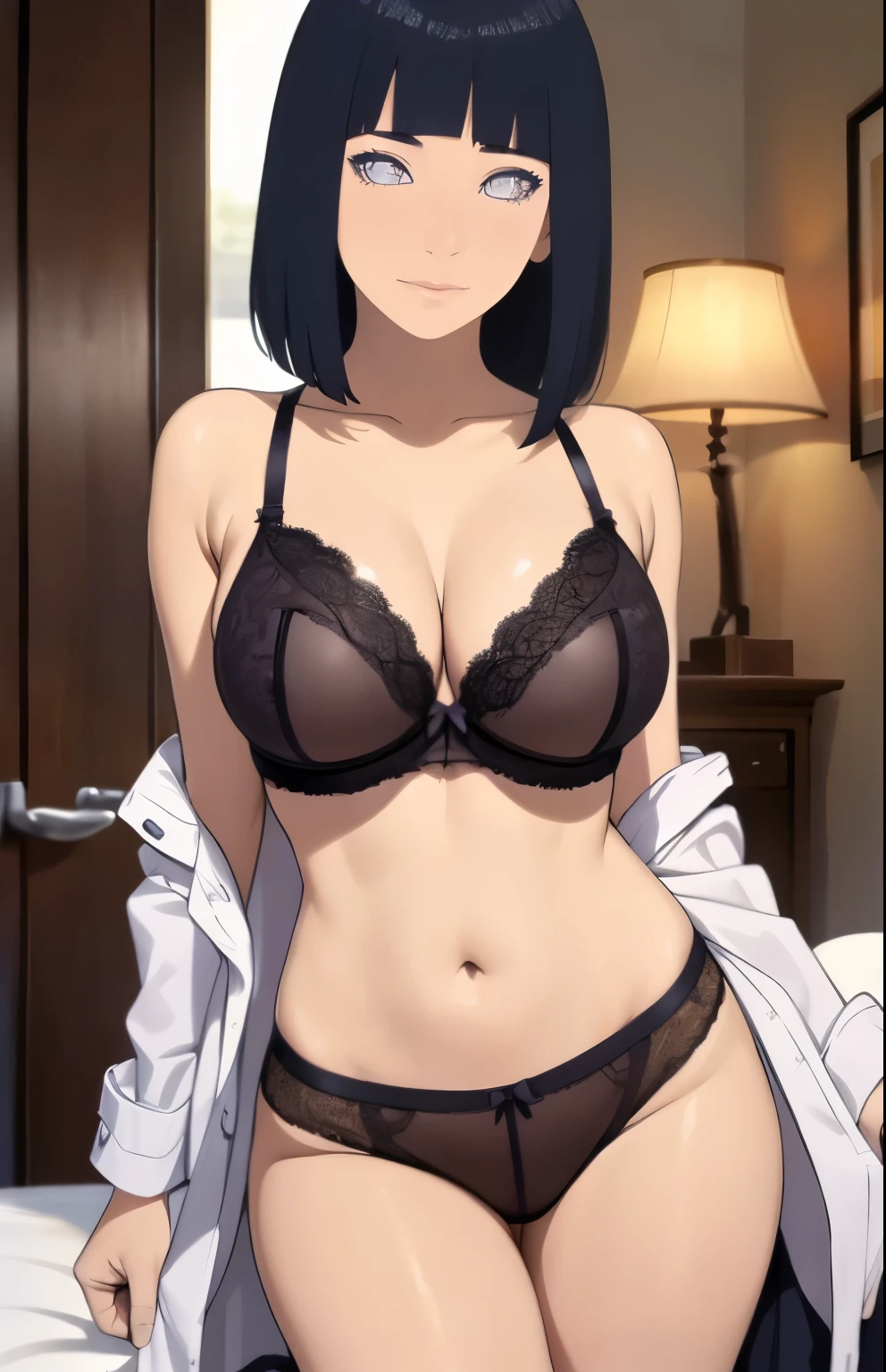 Hinata Hyūga, mature women, open door after orgasm, perfect body, wearing detailed lingerie, sexy ambient, erotic, clothes at the bed as backgorund, big tits, wearing bra, no panties, moaning face expression, MASTERPIECE