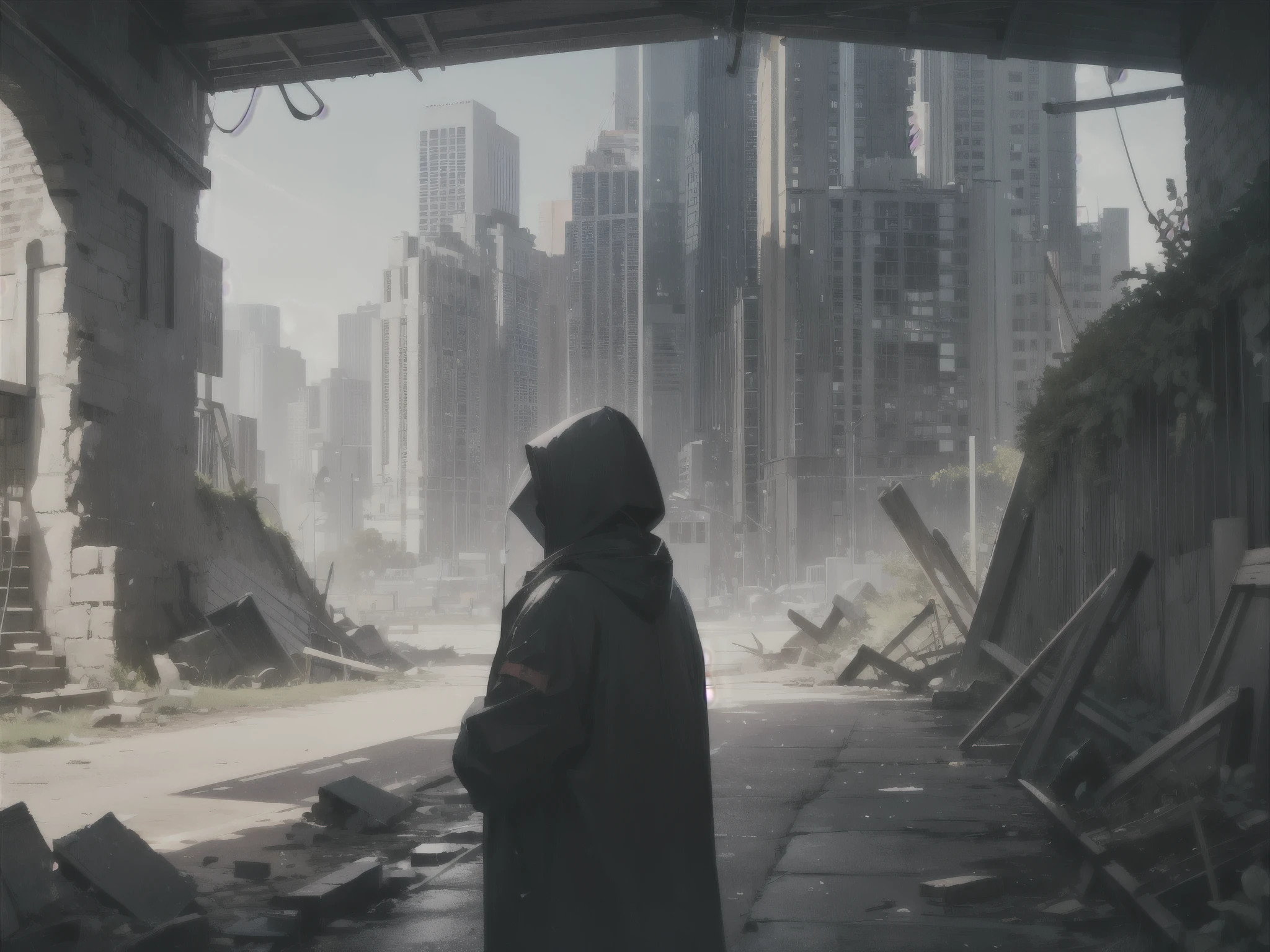 woman hiding from soldiers in a post-apocalyptic world, post-apocalyptic futuristic city, broken crystal towers, street strewn by rubble, broken machines --auto