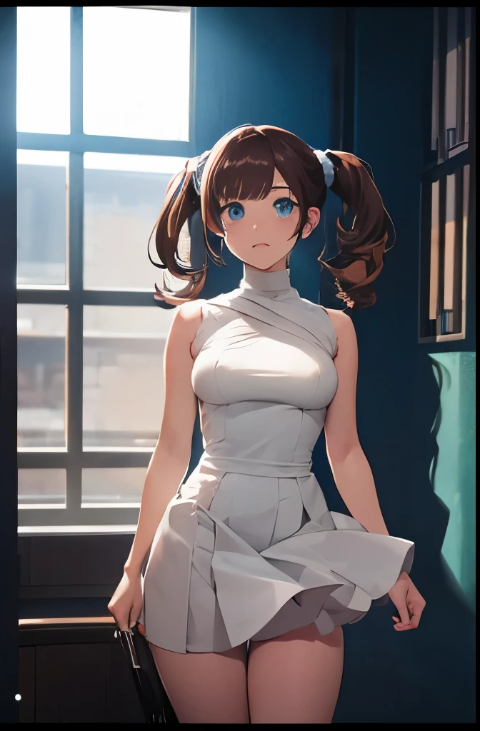 android, mechanical robot, very short pigtails,brown hair, Hair tie with two big red clothespins, joint seam, blue eyes, full body figure, Height: 160cm, Light beige micro mini dress, fluttering skirt, skirt turned up folds, white retro swimwear, Uplifting, flushed cheeks, 2020s anime picture,ball joint, missionary angle, 歓喜, 満面の笑み, 25歳, NSFWなし