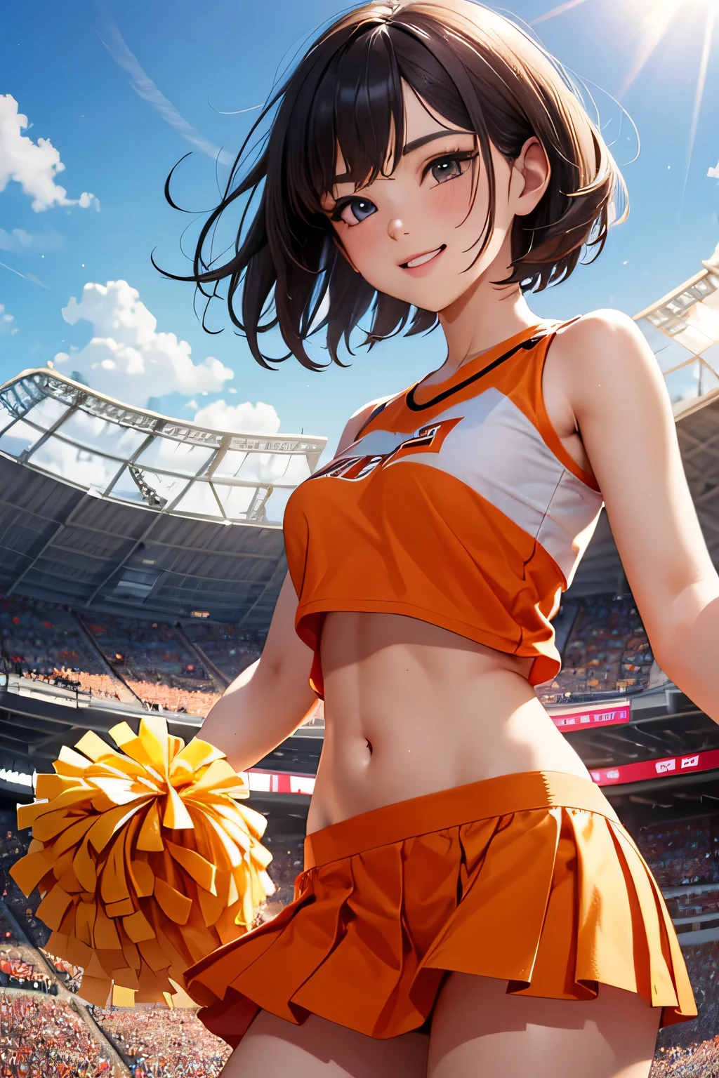 very cute and beautiful cheerleader girl,(very detailed美しい顔と目:1.2),(holding a pom pom:1.13),(smile),
(Stadium Stand),cowboy shot,dynamic pose,white panties,(orange sleeveless shirt),beautiful feet,dynamic angle,black hair,
(highest quality,masterpiece:1.2),intricate details,very detailed,super detailed,High resolution,looking at the viewer,
Natural light,hair blowing in the wind,beautiful and detailed sky,