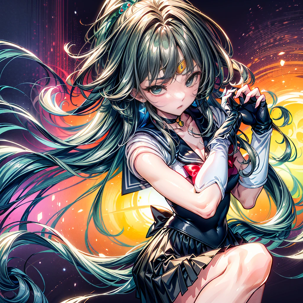 (8K, highest quality, master piece:1.2),\(fine eyes\),\(facial features\),(\(Detailed details of clothes\)\),(huge title body esbian, super skirt,Sailor Moon costume,(face focus) ,Highly detailed CG Unity 8k wallpaper,huge file size,super detailed,High resolution,absurd,beautiful eyes,ray tracing,dramatic shadow,down to the last detail,dramatic angle,hyper detail,(alone),anime style、very long straight hair、green hair、black sailor collar、Black Absolute Short Mini Scarbow Gloves、(crystal on background:1.2)