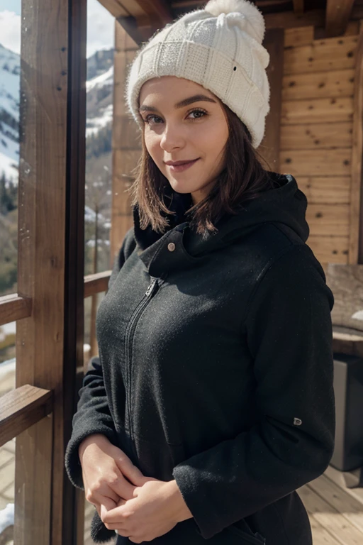 Fit girl, Cheveux courts, confiant, Fille mince, anatomie parfaite, symétrie parfaite:1.2, réaliste, visage réaliste:1.2, visage parfait, Contenu, confiant, très détaillé, et dramatique, lumières douces, yeux verts, Avoriaz, montagne, sourire, black lipstick, winter suit, winter hat, short hair,