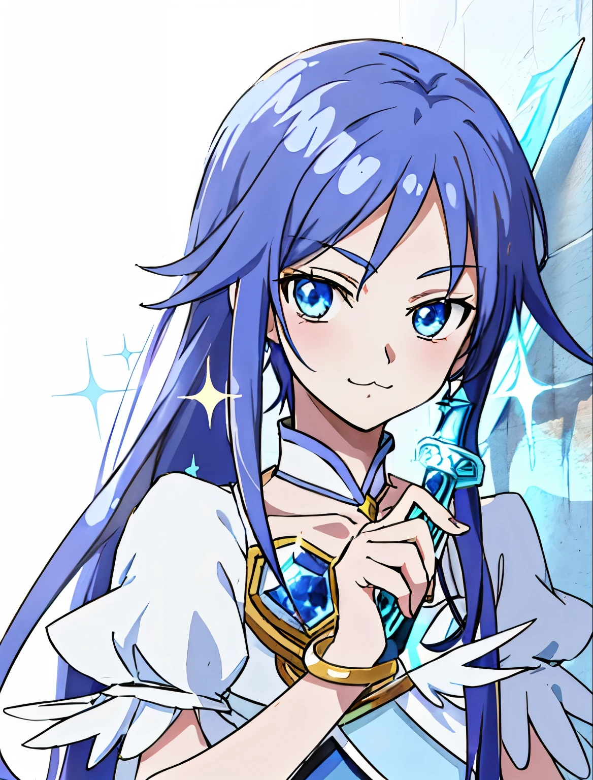 An anime character with blue hair and a white and blue dress is holding a sword, sparkling magical boy,white high heels, Inspired, magic aura, Cute type:2, celestial aura, he has dark blue hair!!!, portrait of magical boy, sapphire prince, Blue-eyed boy, magical aura, Magical Boy Style, boy with very long purple hair, Cool system:3, wall paper, anime boy,