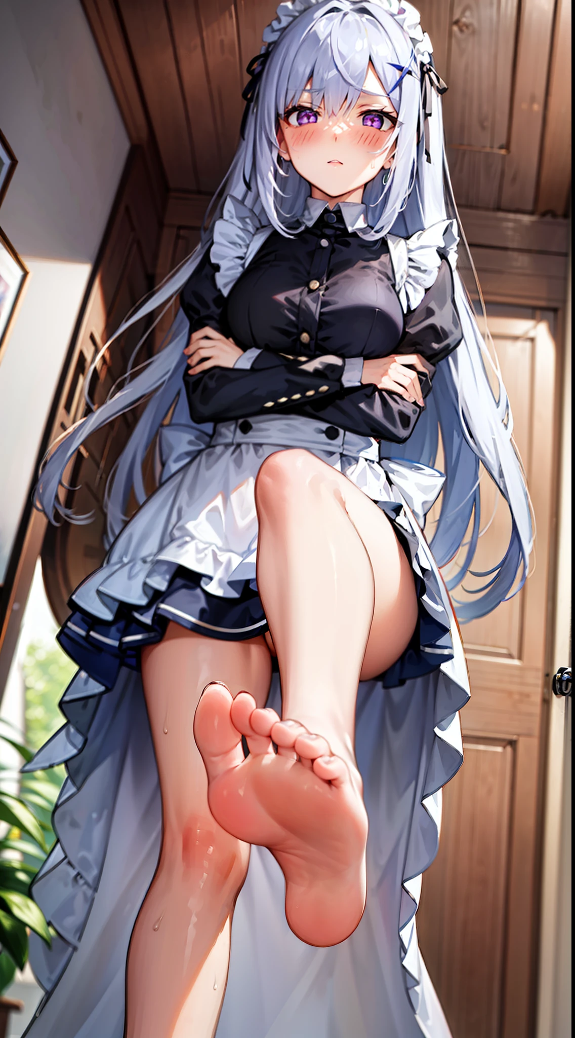 1girl,white hair,purple eyes,maid,long hair,tareme eyes,Yandere,2legs,legs focus,hands on thigh, x-shape hairbands,from below,half-closed eyes,jitome,blush,sweating,bare feet,feet,(five toes1.5),soles of feet,feet focus,sweating,bare feet,FFA,from below,leg up,sole,feet,looking at viewer