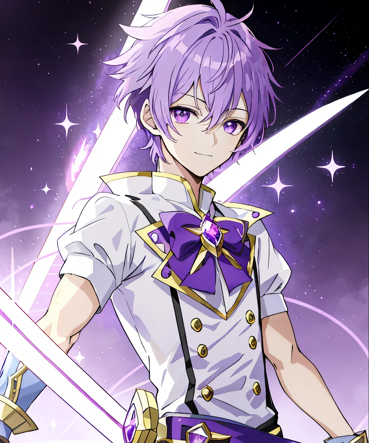 Anime boy with purple hair and white and purple dress holding a sword, sparkling Magical Boy, Purple boots, magic aura, portrait of Magical Boy, celestial aura, inspired, 彼の周りのmagical aura, style of Magical Boy, Boy with Purple Eyes, magical aura, he has light purple hair, boy with very short purple hair, Inspired, Magical Boy, Cute type:2, Prince of Amethyst, Cool system:3, wall paper!, Feel happy!!!,