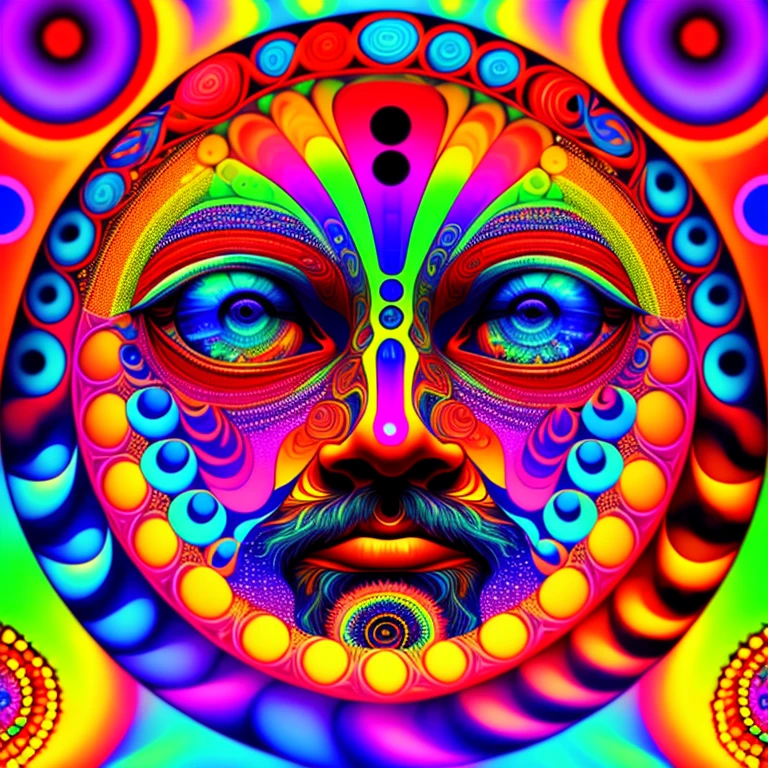 A man lost in a psychedelic DMT world. His eyes are spirals, He’s experiencing Pain, Joy, And Understanding all at once. The world has beautiful colors that the human brain cannot understand