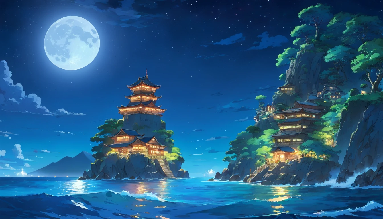ocean, night, stars, full moon rising behind island