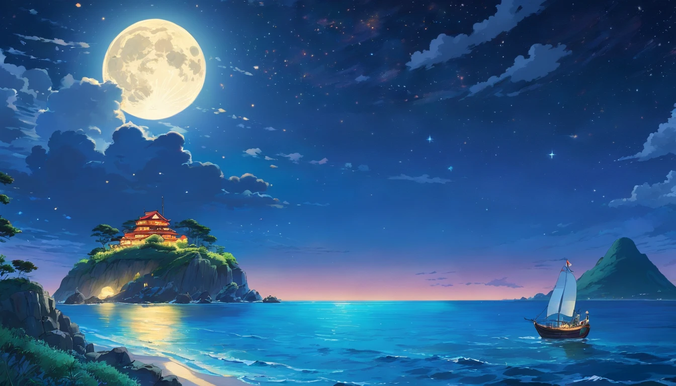 ocean, night, stars, full moon rising behind island