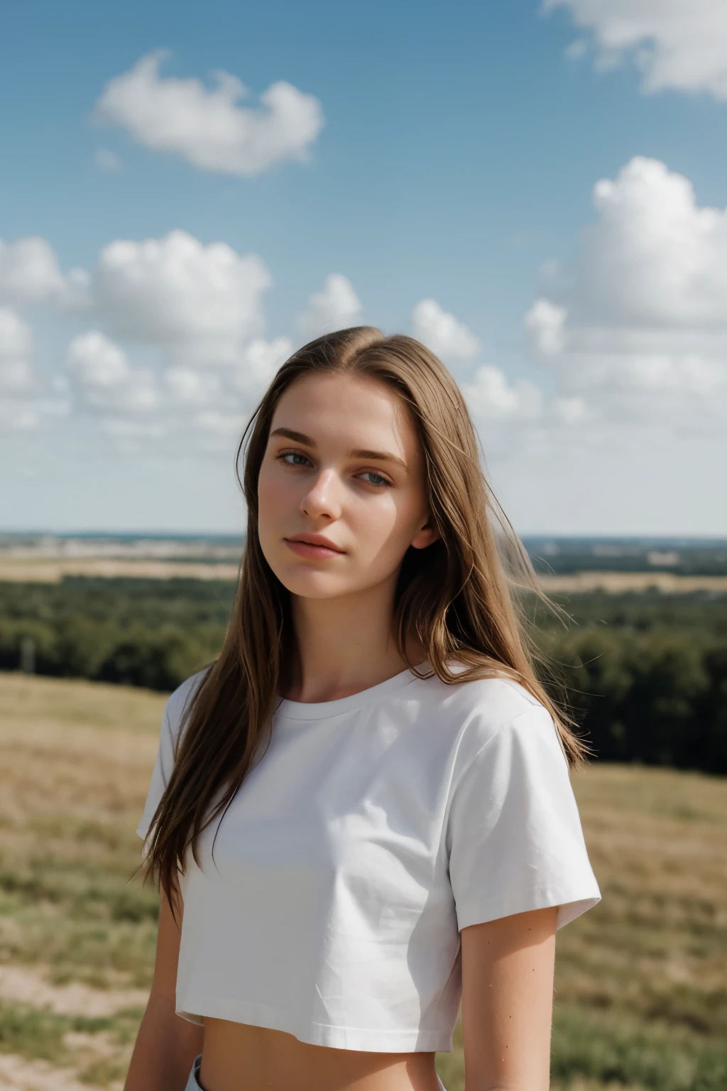 young woman, 16 Jahre alt, iPhone-camera, straight hairs, beautiful, 16 years old, in a bust portrait. Her hair is blowing in the wind and she is wearing a simple white cropped T-shirt. The background is blurred but shows an expansive view, possibly from an elevated position, with a sky partially covered by clouds. The mood seems calm and contemplative, instagram model, young, beautiful skin,