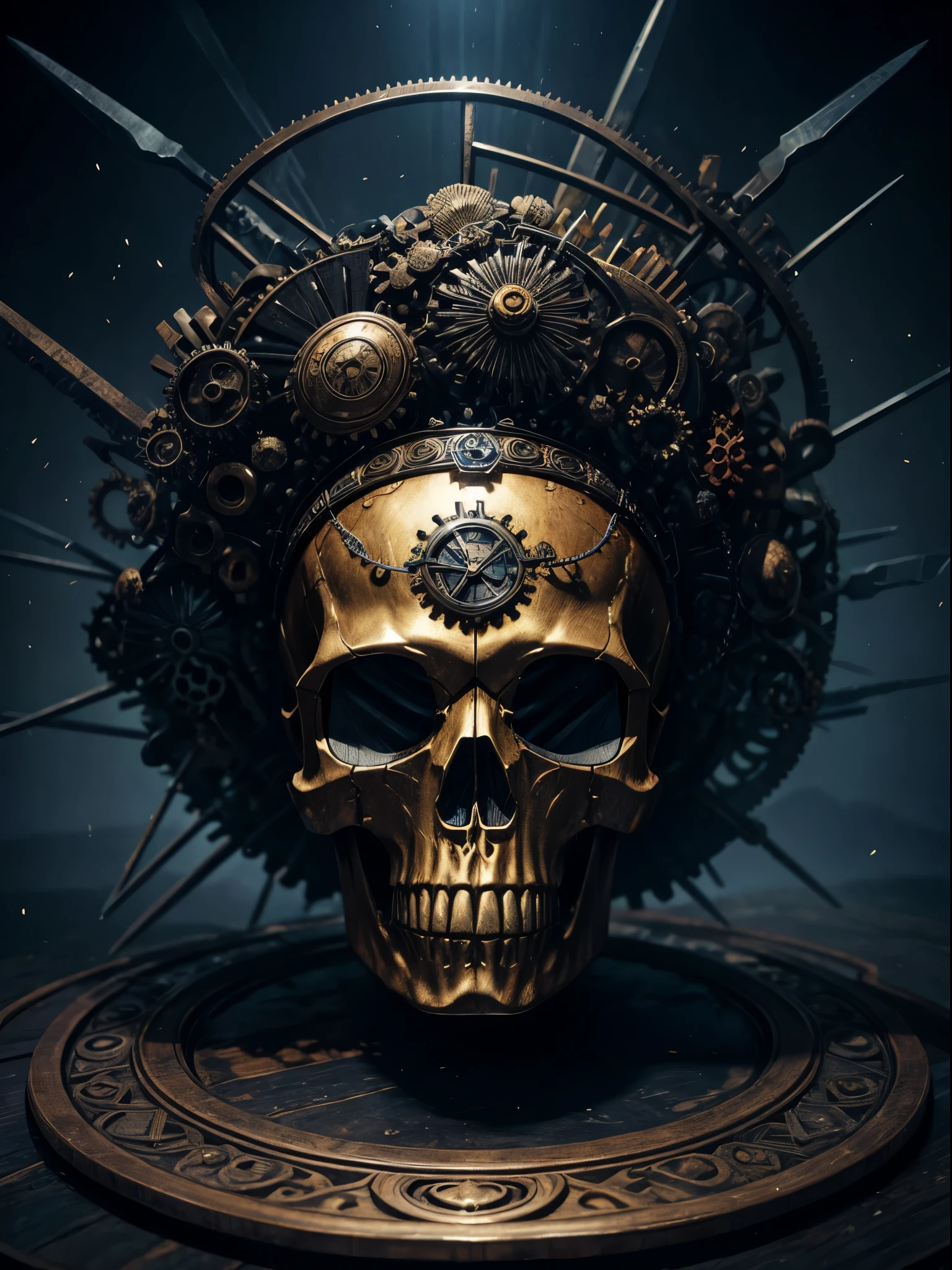 (Best picture quality, 4K, 8K, High resolution, Masterpiece: 1.2), ultra detailed, realistic: 1.37, a close up of the head of the metal skull, an altar composed of abstract twisted roots pulls a very large (mysterious skull made of metal), above the skull a weird waterfall, (rainbow, rainbow around the skull), full of energy, circular composition illustrates the effects of various structural forces, alone, (steampunk decorative elements, gear, needle, etc.) Chainantastic decorative combinations,