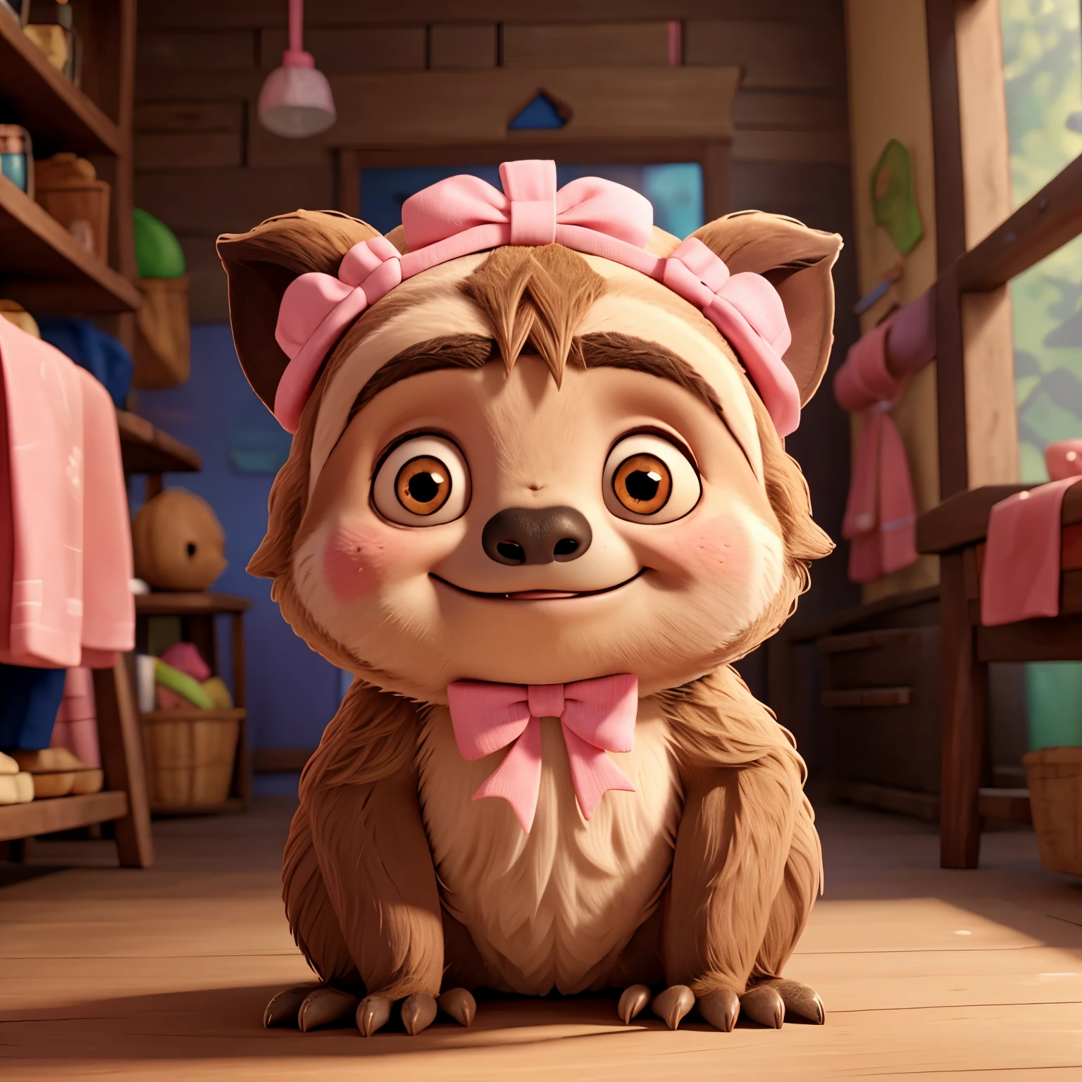 A sloth with a pink bow on his head