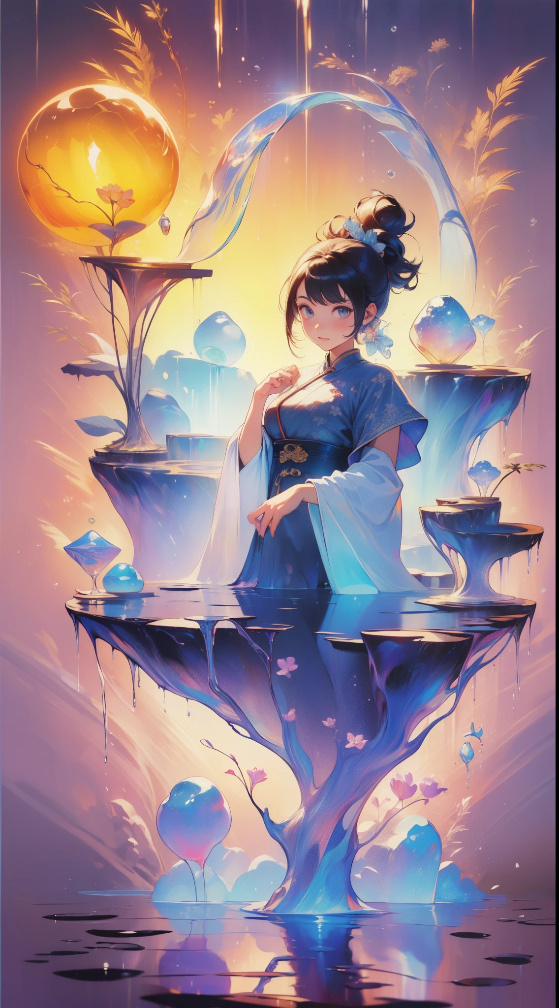 Kizi，Cute girls，((water sphere))，Wearing a Tang costume，Golden，((rainbowing))，water elemental，((vivd colour))，Water quality sense，Magical Circle，water sphere，water dragon，(((Kizi)))，Textures are diverse， chinese dragon concept art， Anime art wallpaper 8 K， anime artsyle， Detailed anime artwork，Epic composition，Realistic lighting，high definition detail，tmasterpiece，Best quality，