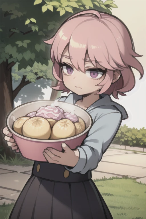 A pink haired handsome boy with short hair with violet eyes is eating ice cream in the park
